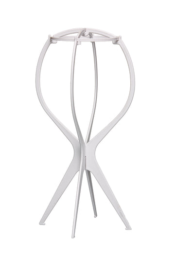 White plastic wig stand for storing wigs by Jon Renau